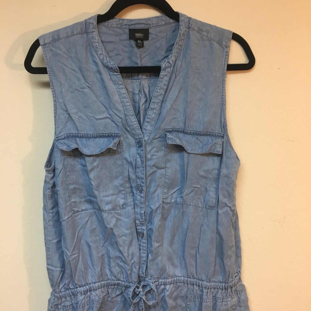 Denim Romper Button Up & Drawstring Pockets - Picture 2 of 5